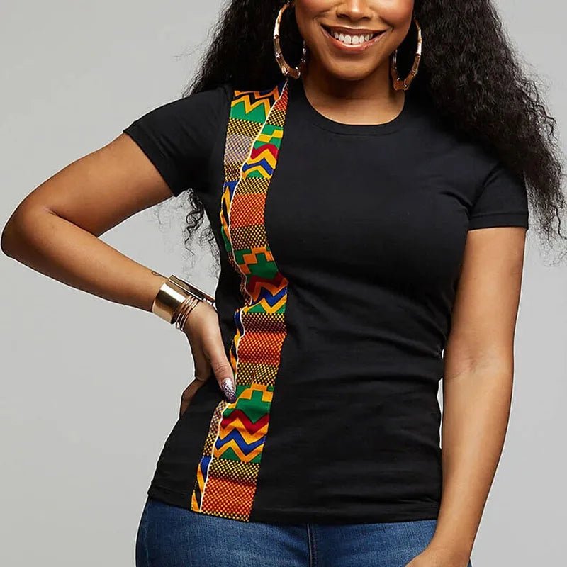 Dashiki Print Patchwork Casual African Tunic: O Neck Short Sleeve Tee Shirt for Women, Perfect for Summer Wear - Flexi Africa - Flexi Africa offers Free Delivery Worldwide - Vibrant African traditional clothing showcasing bold prints and intricate designs