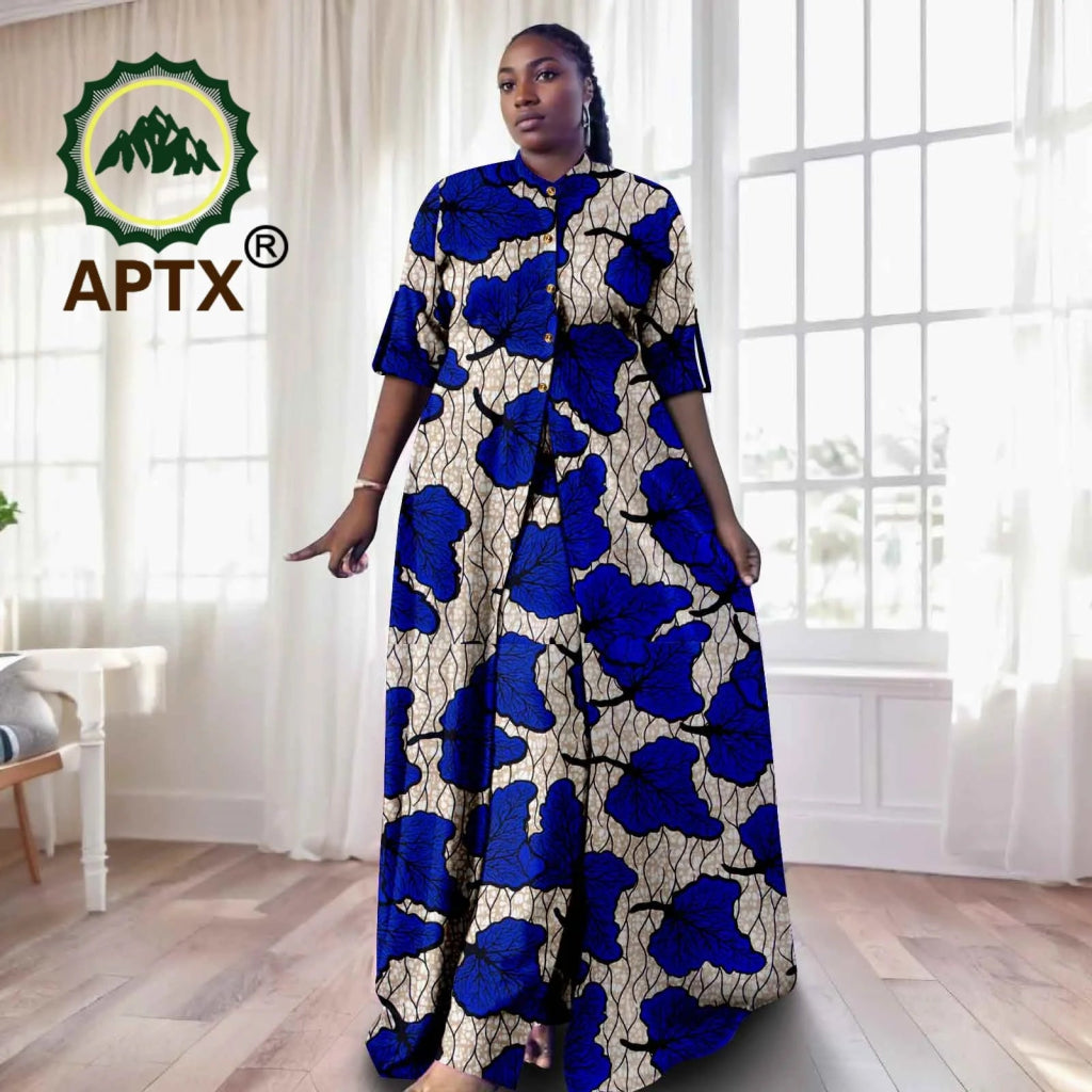 Elegant African Ankara 2 - Piece Set for Women – Floor - Length Dress, Long Coat & Pants Casual Suit - Free Delivery Worldwide only at Flexi Africa