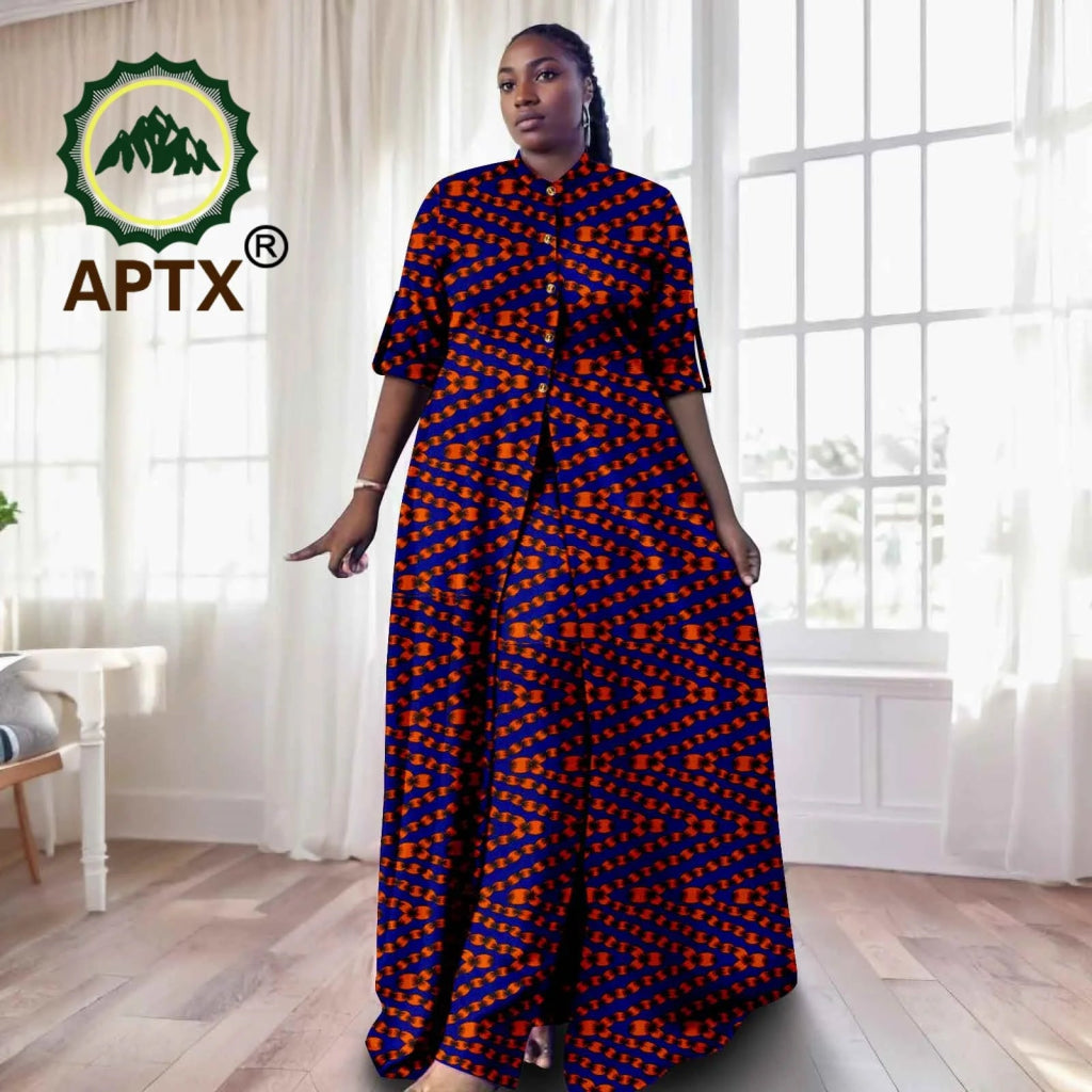 Elegant African Ankara 2 - Piece Set for Women – Floor - Length Dress, Long Coat & Pants Casual Suit - Free Delivery Worldwide only at Flexi Africa