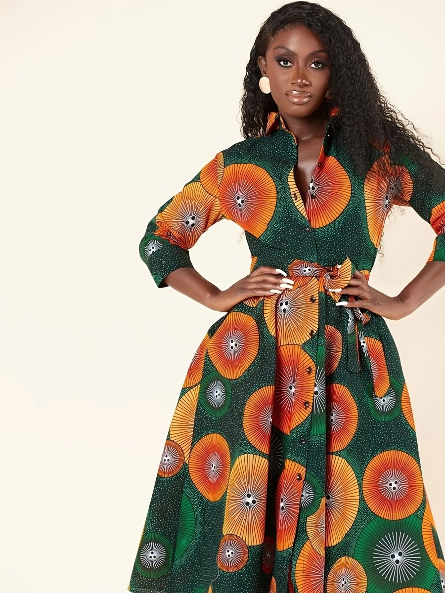 Elegant African - Inspired Geometric Print Midi Shirt Dress – V - Neck, Fitted Fall Style - Free Delivery Worldwide only at Flexi Africa