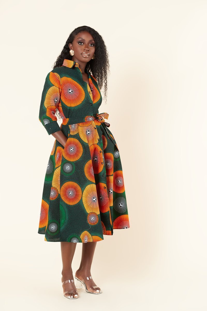 Elegant African - Inspired Geometric Print Midi Shirt Dress – V - Neck, Fitted Fall Style - Free Delivery Worldwide only at Flexi Africa