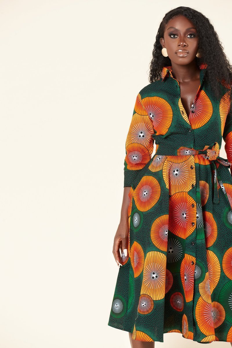 Elegant African - Inspired Geometric Print Midi Shirt Dress – V - Neck, Fitted Fall Style - Free Delivery Worldwide only at Flexi Africa