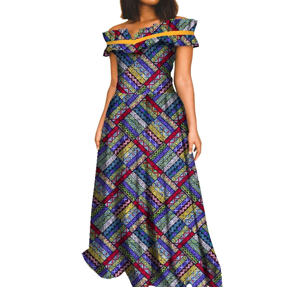 Elegant African Maxi Dress for Women – Slash Neck Ankara Print Long Dashiki Gown - Free Delivery Worldwide only at Flexi Africa