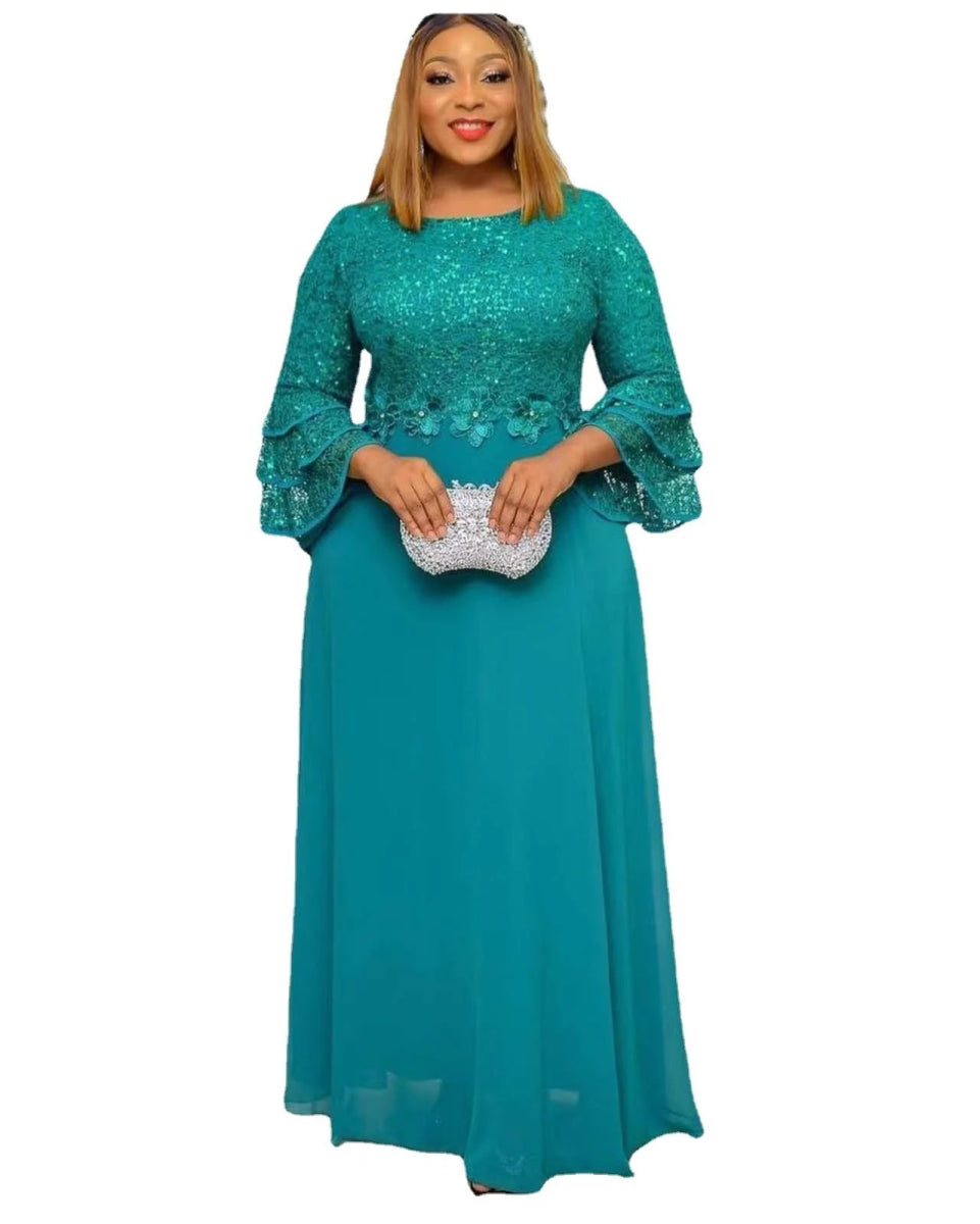 Elegant African Maxi Dress: Three - Quarter Sleeves, Solid Colors, and Flowing Polyester Fabric - Free Delivery Worldwide only at Flexi Africa