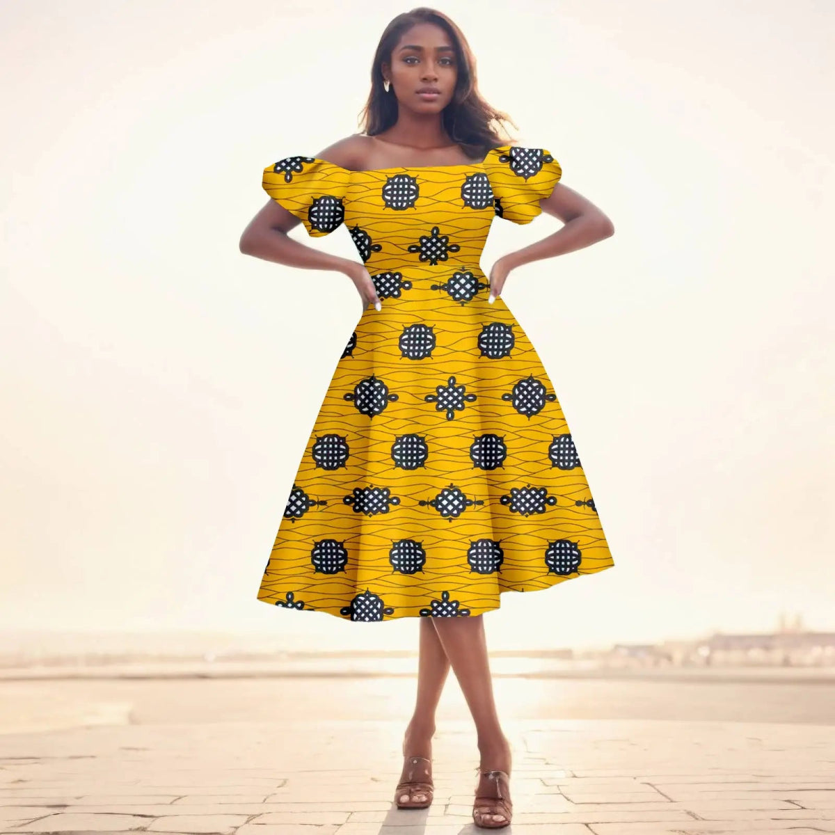 Elegant African Midi Dress – High - Waist Ankara Fashion Wear with Short Sleeves - Free Delivery Worldwide only at Flexi Africa