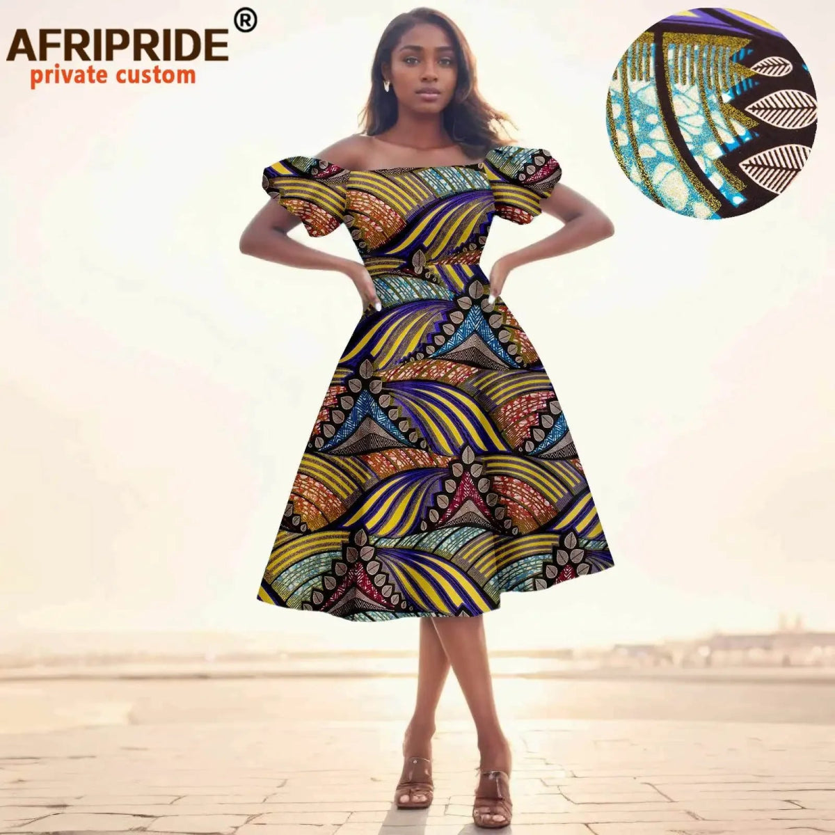 Elegant African Midi Dress – High - Waist Ankara Fashion Wear with Short Sleeves - Free Delivery Worldwide only at Flexi Africa