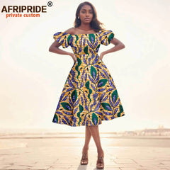 Elegant African Midi Dress – High - Waist Ankara Fashion Wear with Short Sleeves - Free Delivery Worldwide only at Flexi Africa