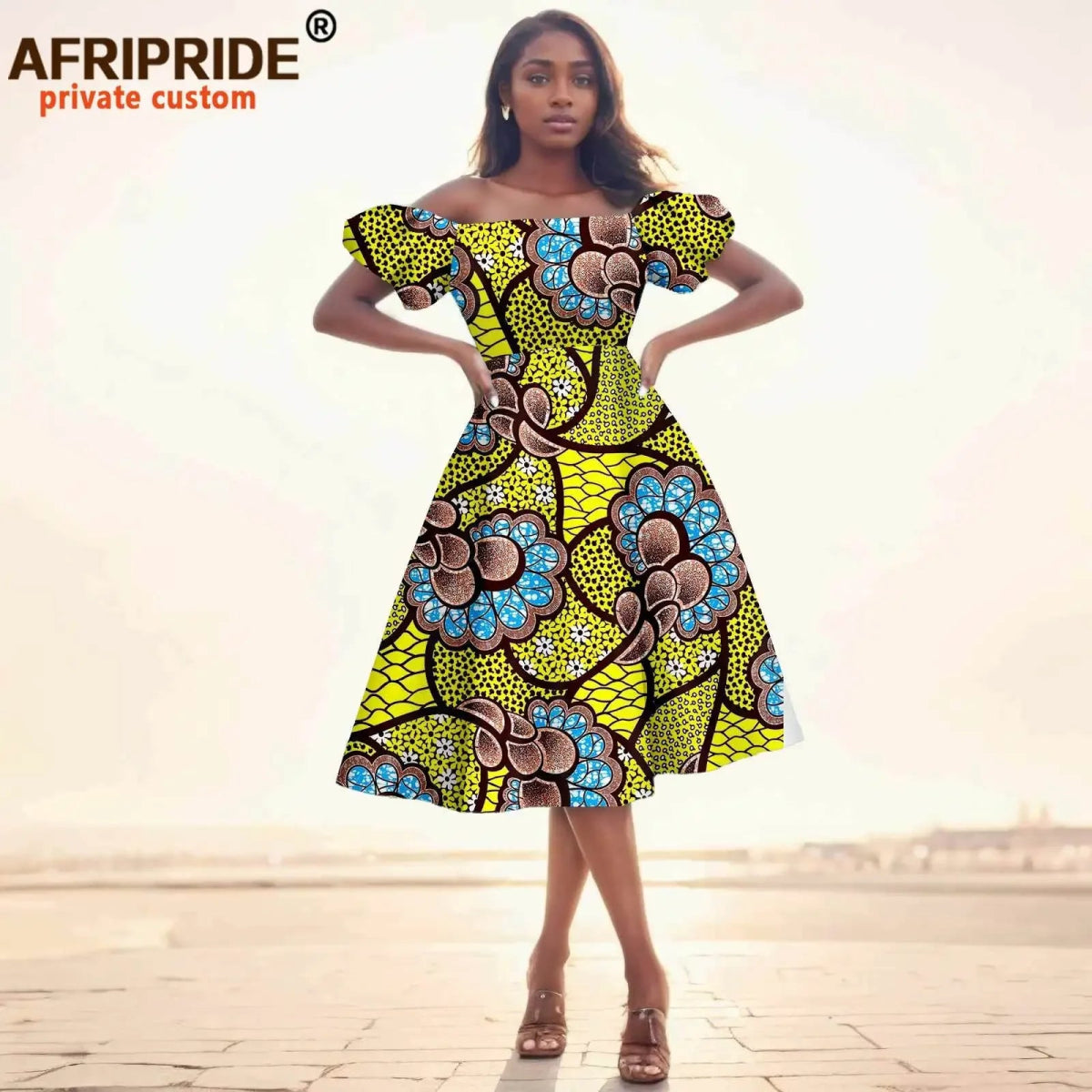 Elegant African Midi Dress – High - Waist Ankara Fashion Wear with Short Sleeves - Free Delivery Worldwide only at Flexi Africa