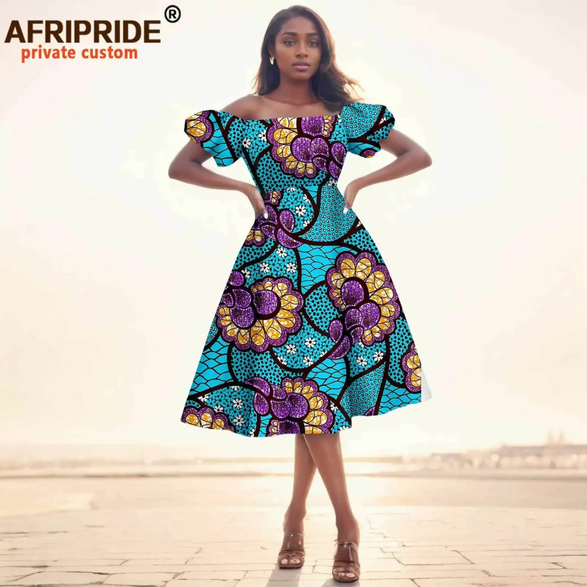 Elegant African Midi Dress – High - Waist Ankara Fashion Wear with Short Sleeves - Free Delivery Worldwide only at Flexi Africa