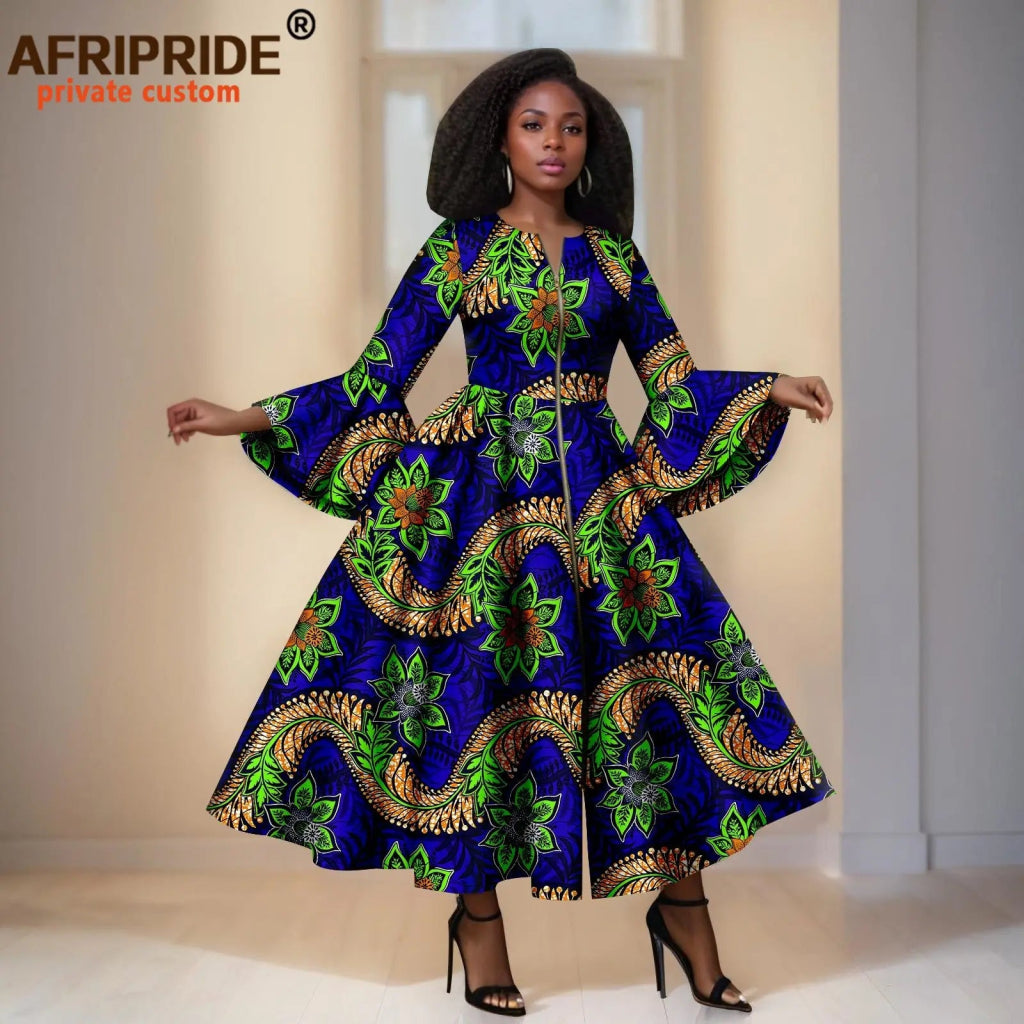 Elegant African Print Long Dress – Flare Sleeve Dashiki Maxi Style for Women - Free Delivery Worldwide only at Flexi Africa