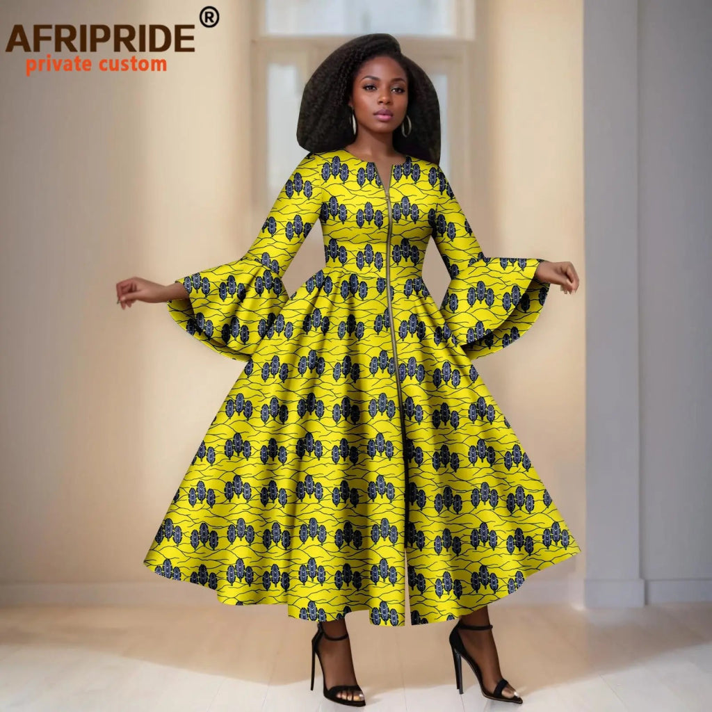 Elegant African Print Long Dress – Flare Sleeve Dashiki Maxi Style for Women - Free Delivery Worldwide only at Flexi Africa