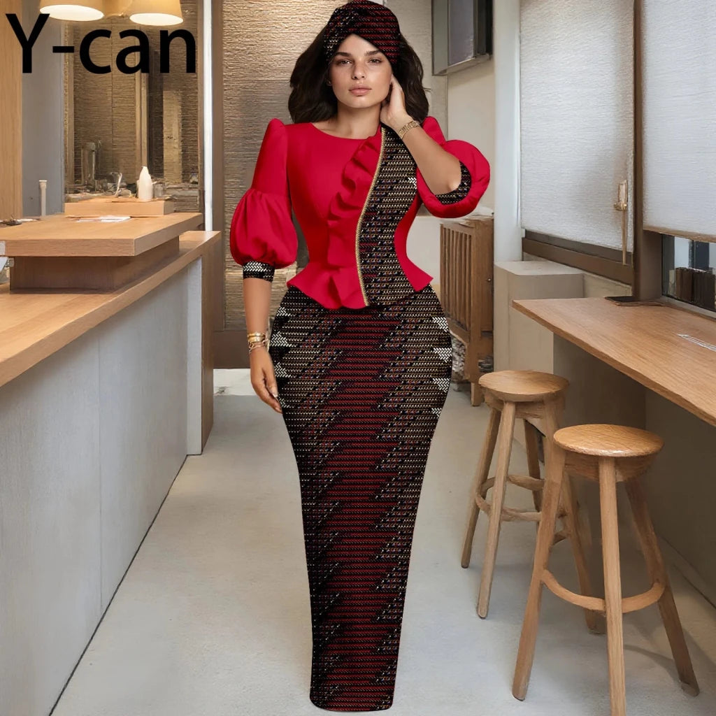 Elegant African Skirt Set – Lantern Sleeve Ruffled Top, Slim Skirt & Matching Headwrap - Free Delivery Worldwide only at Flexi Africa