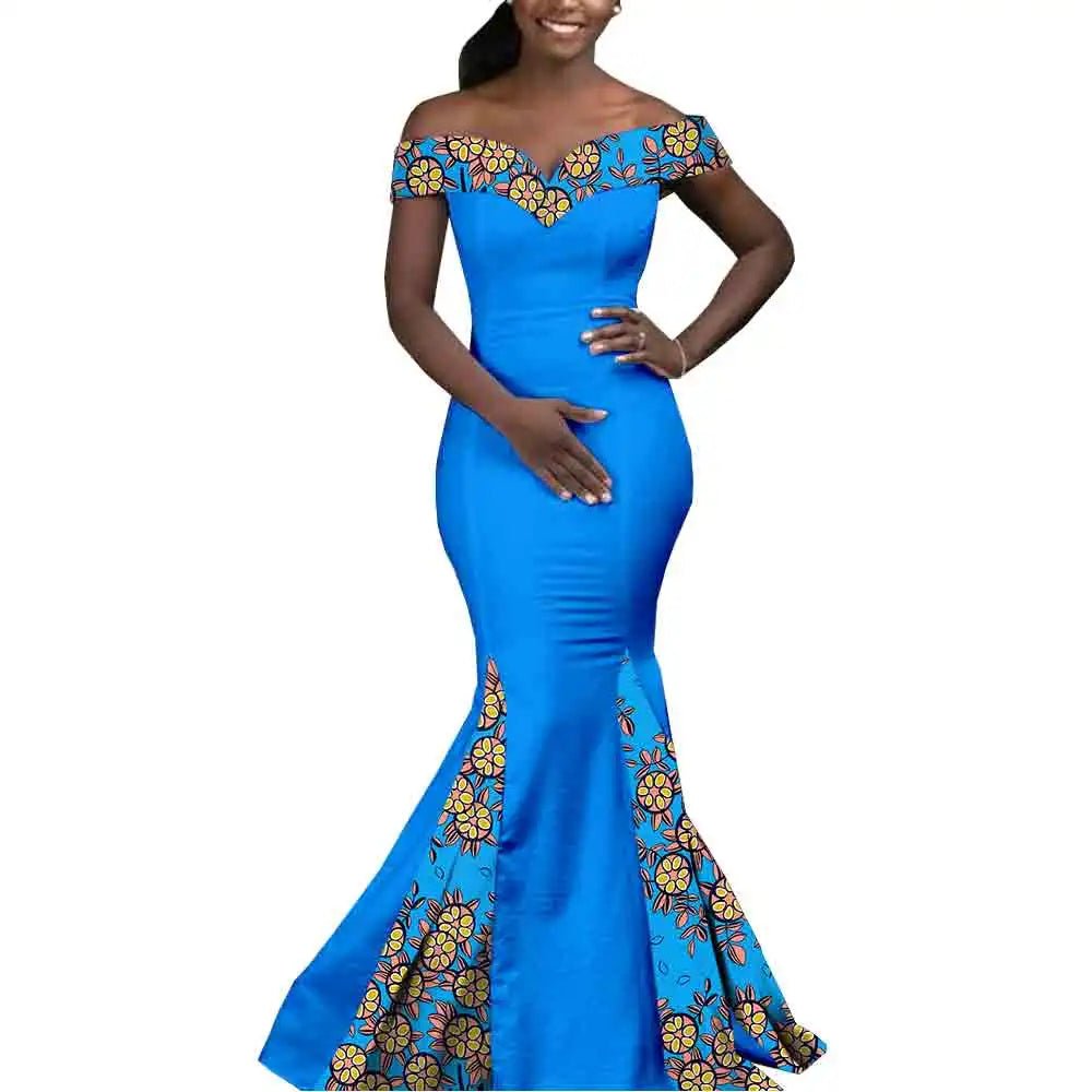 Elegant African Wedding Couple Outfits – Women's Slim Fit Mermaid Dress & Men's Bazin Riche Jacket Pant Set with Hat - Free Delivery Worldwide only at Flexi Africa