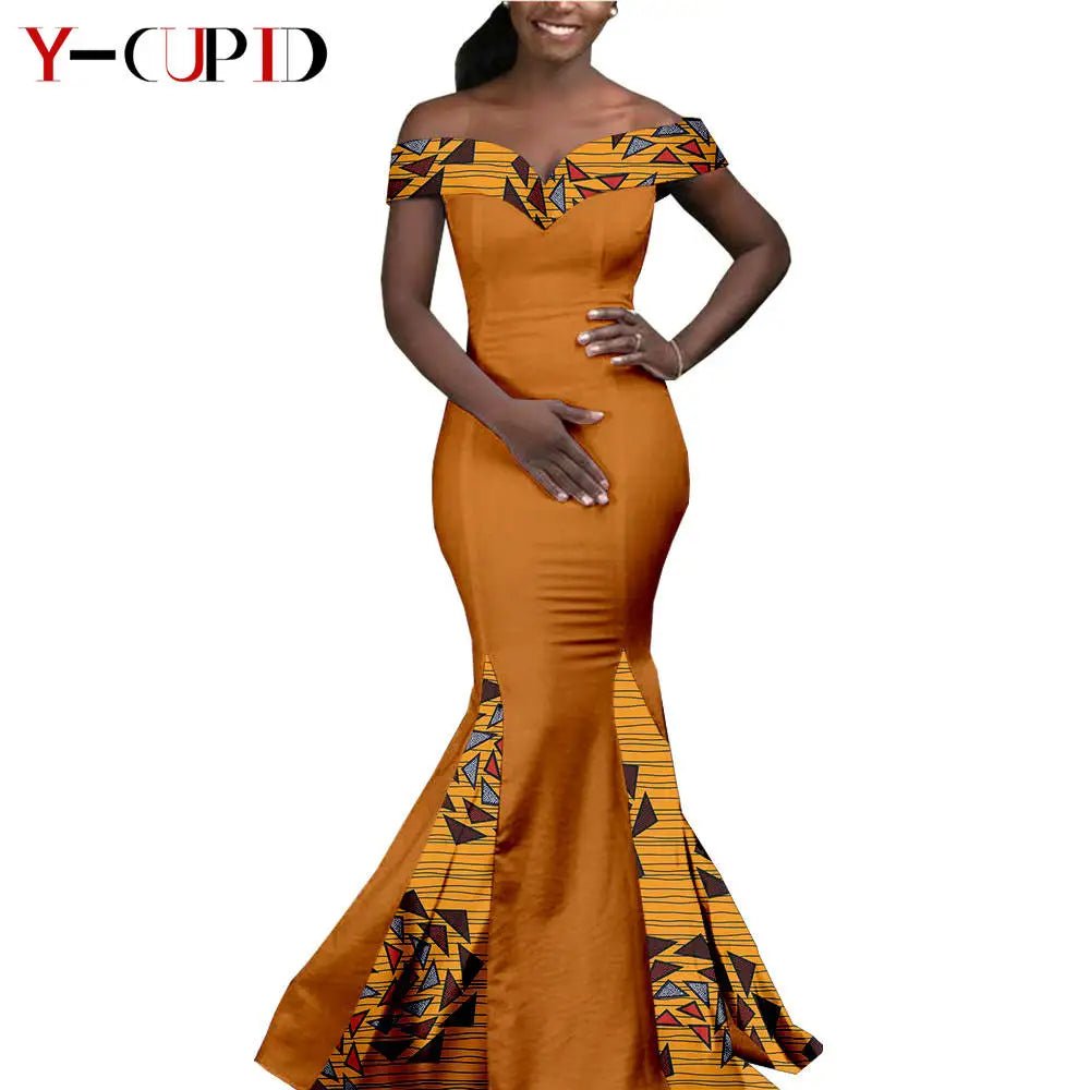 Elegant African Wedding Couple Outfits – Women's Slim Fit Mermaid Dress & Men's Bazin Riche Jacket Pant Set with Hat - Free Delivery Worldwide only at Flexi Africa