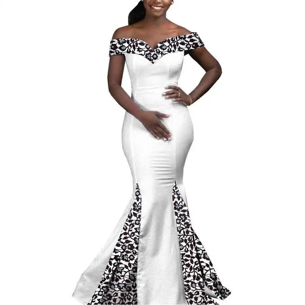 Elegant African Wedding Couple Outfits – Women's Slim Fit Mermaid Dress & Men's Bazin Riche Jacket Pant Set with Hat - Free Delivery Worldwide only at Flexi Africa