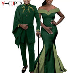 Elegant African Wedding Couple Outfits – Women's Slim Fit Mermaid Dress & Men's Bazin Riche Jacket Pant Set with Hat - Free Delivery Worldwide only at Flexi Africa