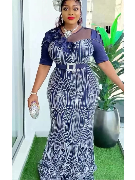 Elegant African Wedding Party Dresses for Women: Short Sleeve O - Neck Polyester Maxi Evening Gowns - Free Delivery Worldwide only at Flexi Africa