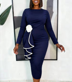 Elegant Colorblock Bodycon Church Dress — O‑Neck, Long Sleeve, 3D Flower Tiered Ruffles - Free Delivery Worldwide only at Flexi Africa