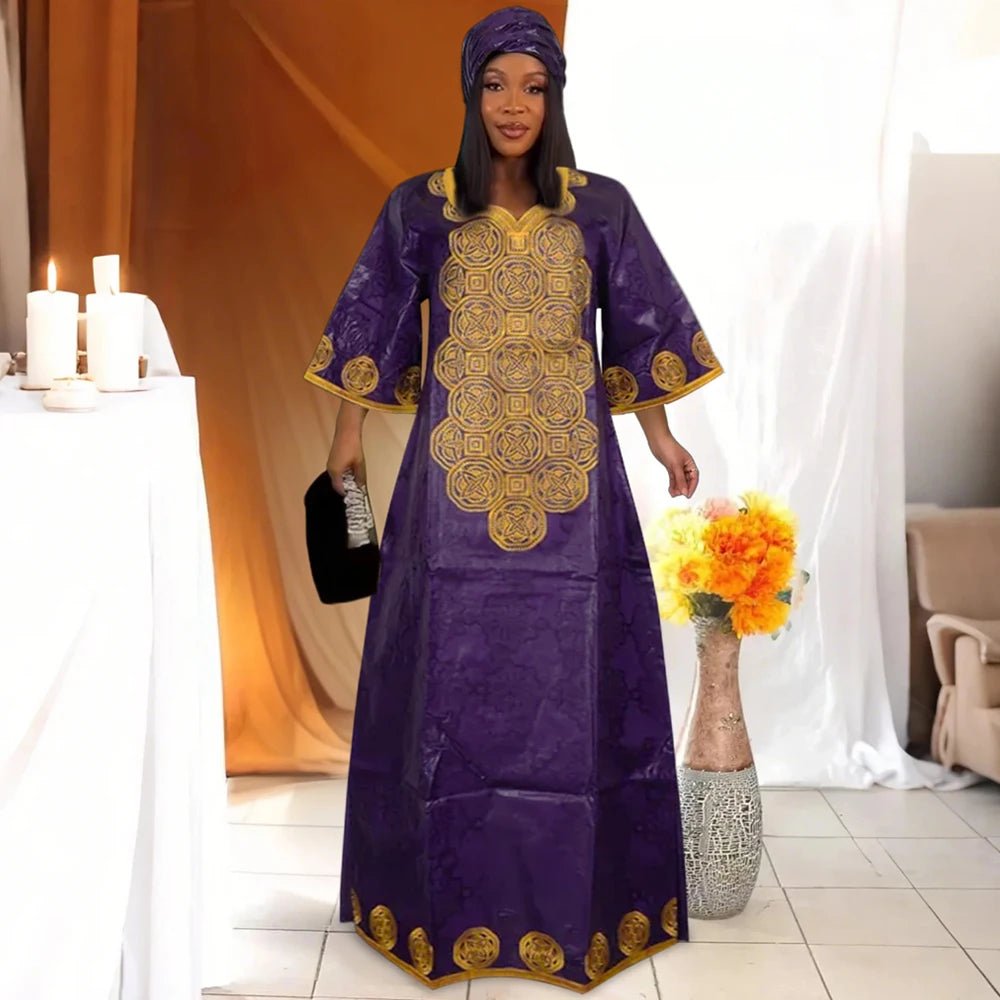 Elegant Embroidered African Bazin Dress for Women - Free Delivery Worldwide only at Flexi Africa