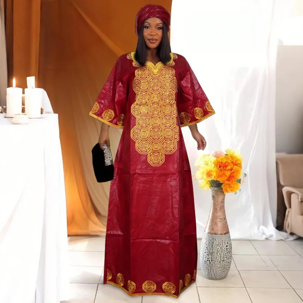 Elegant Embroidered African Bazin Dress for Women - Free Delivery Worldwide only at Flexi Africa