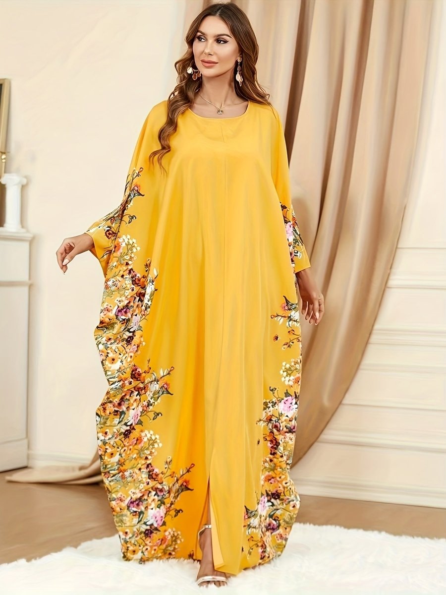 Elegant Floral Print Kaftan Abaya – Women’s Crew Neck Batwing Sleeve Maxi Dress with Side Slit - Free Delivery Worldwide only at Flexi Africa