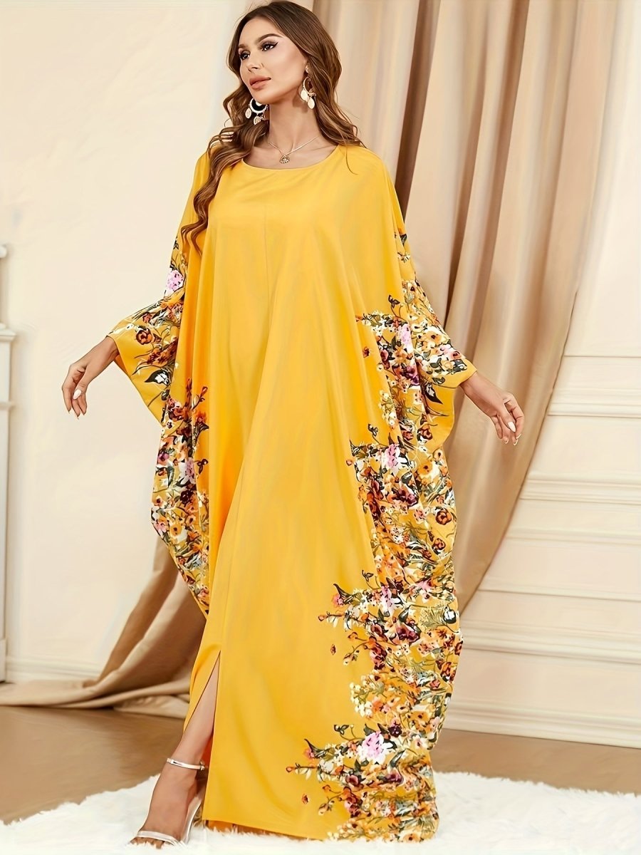 Elegant Floral Print Kaftan Abaya – Women’s Crew Neck Batwing Sleeve Maxi Dress with Side Slit - Free Delivery Worldwide only at Flexi Africa