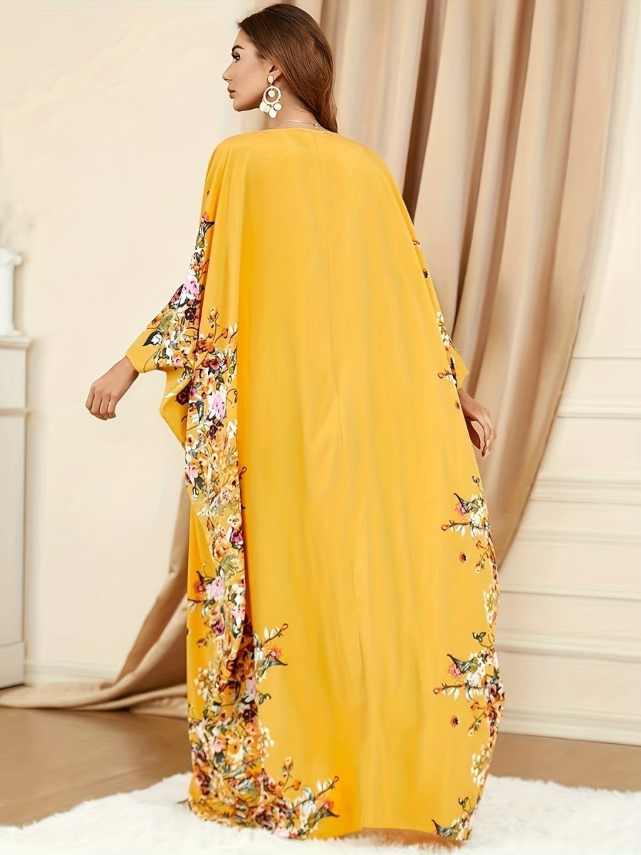 Elegant Floral Print Kaftan Abaya – Women’s Crew Neck Batwing Sleeve Maxi Dress with Side Slit - Free Delivery Worldwide only at Flexi Africa