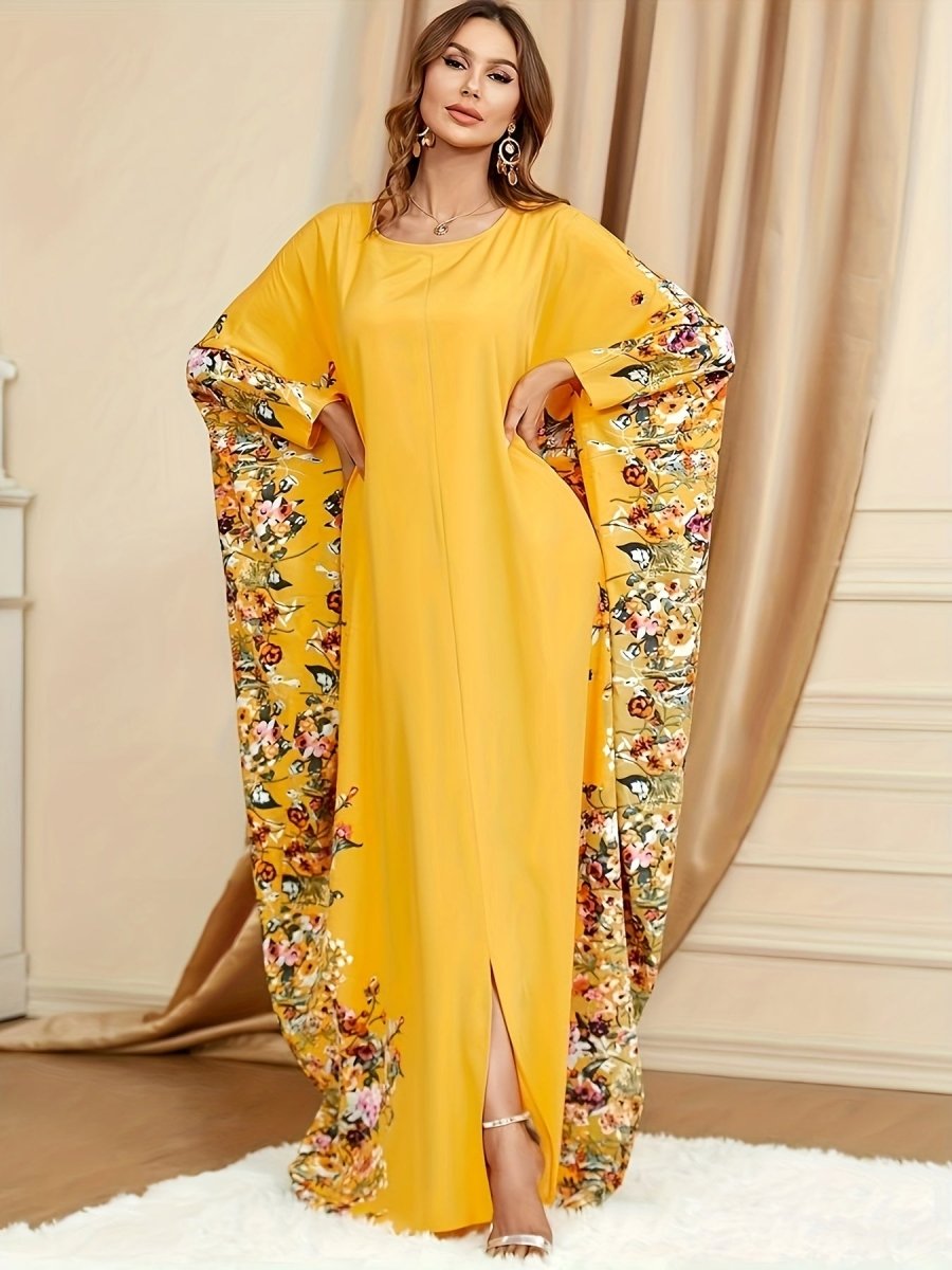 Elegant Floral Print Kaftan Abaya – Women’s Crew Neck Batwing Sleeve Maxi Dress with Side Slit - Free Delivery Worldwide only at Flexi Africa