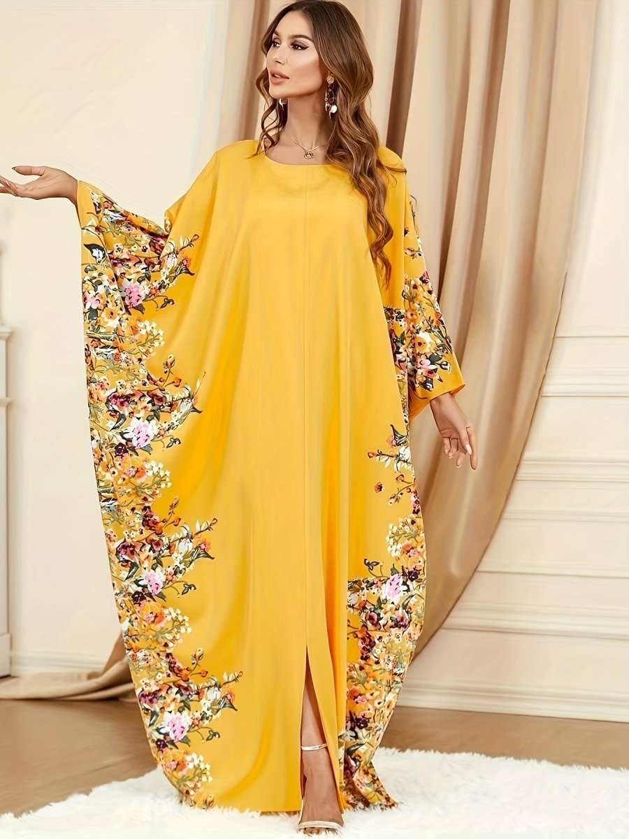 Elegant Floral Print Kaftan Abaya – Women’s Crew Neck Batwing Sleeve Maxi Dress with Side Slit - Free Delivery Worldwide only at Flexi Africa