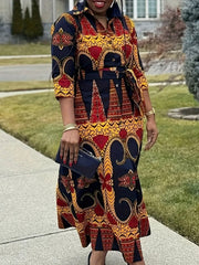 Elegant Geometric Print Midi Dress with Belt - Casual Chic, Button - Up Collar, Non - Stretch Polyester Fabric, Machine Washable - Free Delivery Worldwide only at Flexi Africa