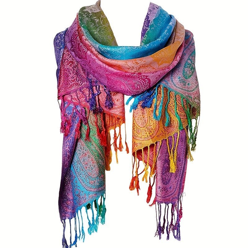 Elegant Jacquard Satin Paisley Scarf: Boho Rainbow Gradient Tassel Shawl - Trendy Windproof Warm Wrap - Free Delivery