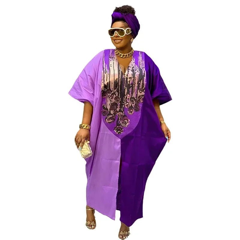 Elegant V-neck African Maxi Dress: Plus Size Women's Autumn and Spring Evening Wear - Flexi Africa - Flexi Africa offers Free Delivery Worldwide - Vibrant African traditional clothing showcasing bold prints and intricate designs