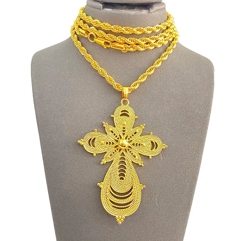 Ethiopian Cross Pendant Necklace with 80cm Twisted Chain – Gold Color African Wedding Party Jewelry Gift - Free Delivery Worldwide only at Flexi Africa