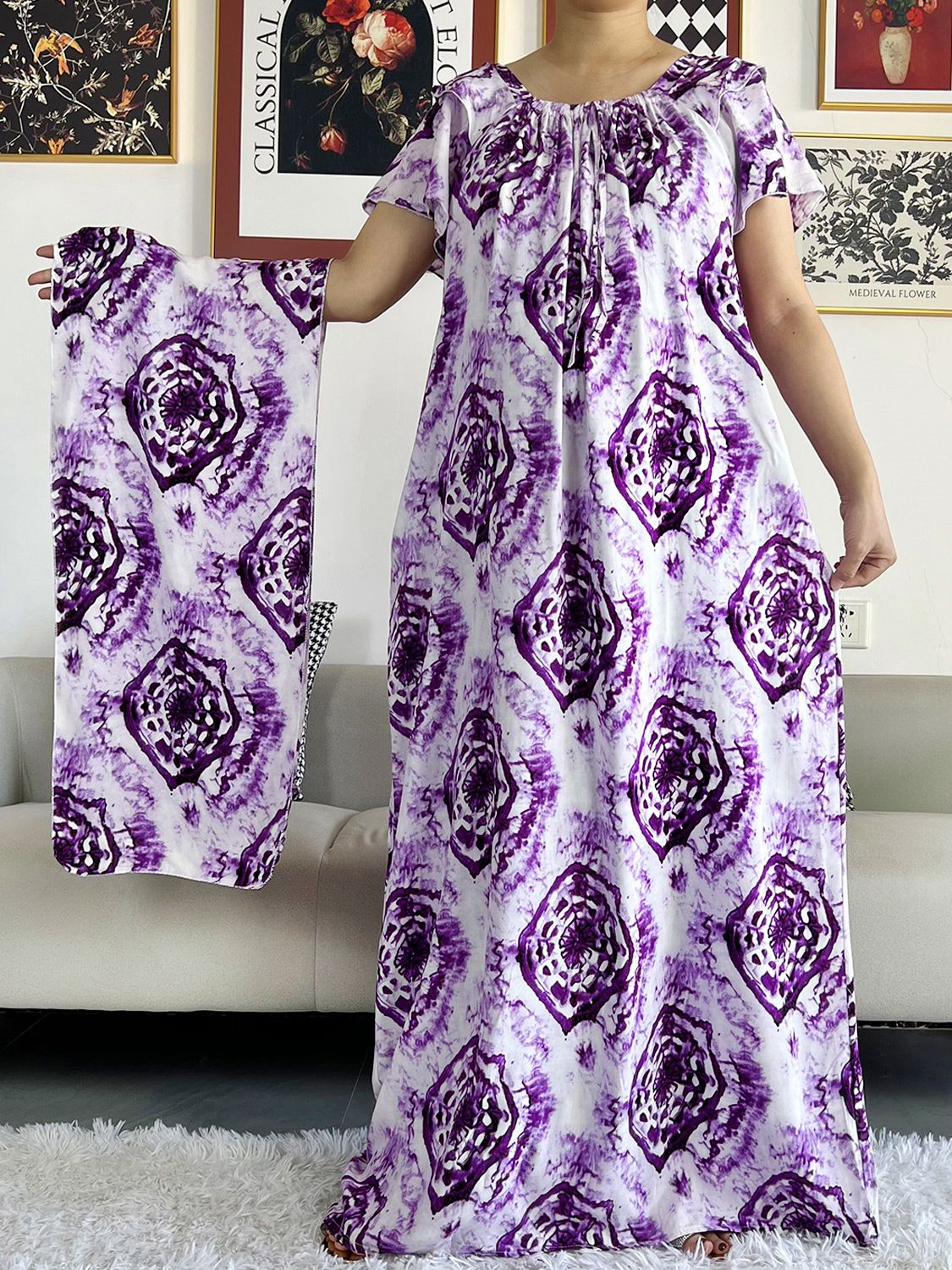 Ethnic Chic: African Inspired Tie-Dye Abaya Dress with Floral Prints and Loose Fit - Perfect for Summer - Flexi Africa - Flexi Africa offers Free Delivery Worldwide - Vibrant African traditional clothing showcasing bold prints and intricate designs