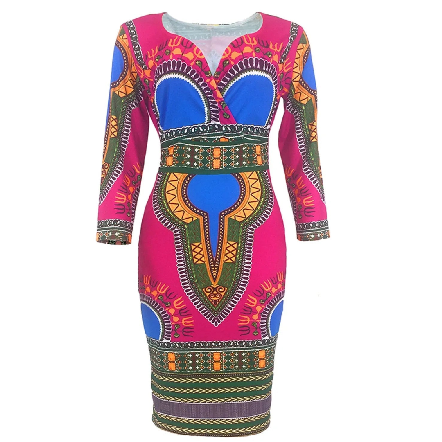 Ethnic Print V-neck Dress: Stylish Package Hip Skirt with A-line Silhouette - Women's Fashion - Flexi Africa - Flexi Africa offers Free Delivery Worldwide - Vibrant African traditional clothing showcasing bold prints and intricate designs