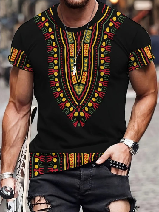 Ethnic Style Printed T-shirt, Men's Casual Street Style Stretch Round Neck Tee Shirt For Summer - Free Delivery Worldwide only at Flexi Africa