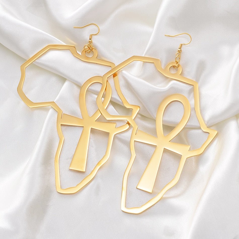 Exaggerated Elegance: African Map Big Ankh Earrings with Traditional Ethnic Style and Symbolism - Free Delivery Worldwide