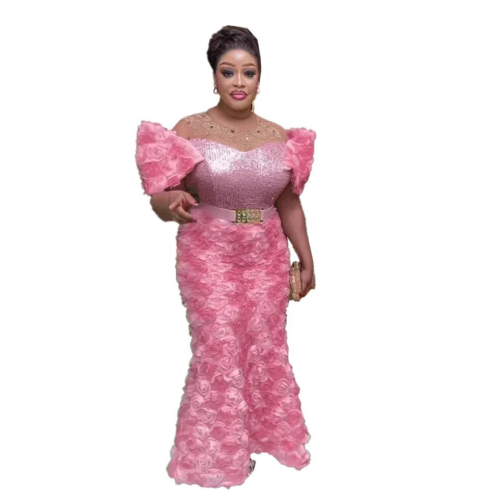 Exquisite African Evening Dresses: Mesh 3D Embroidery, Rhinestone Sequin Belt, and Luxury Elegance - Flexi Africa - Flexi Africa offers Free Delivery Worldwide - Vibrant African traditional clothing showcasing bold prints and intricate designs