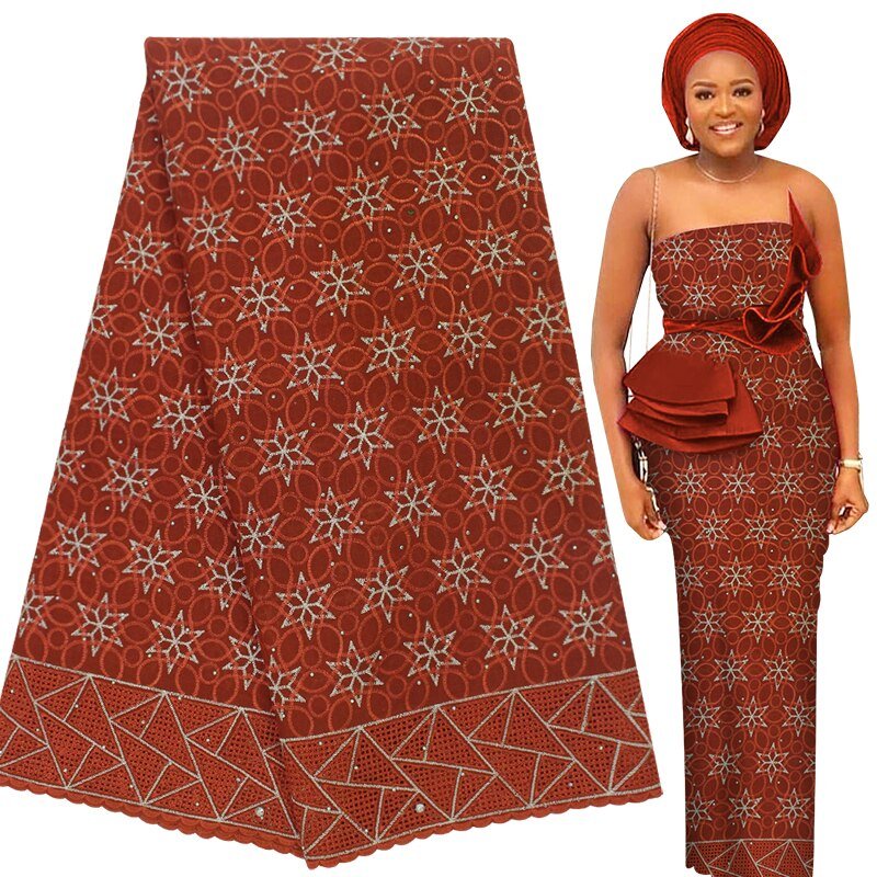 Exquisite Nigerian Party Stone Embroidery Gown: Fashion's 100% Cotton Voile Lace Fabric 2.5 Yards - Flexi Africa