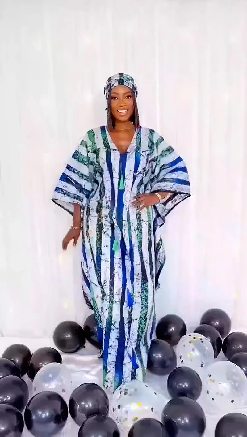 Fashion 2024 African Dresses Women Batwing Sleeve V-neck Pattern Tassel Stripe Print Loose Party Maxi Dress Loose Dashiki Dress - Flexi Africa - Flexi Africa offers Free Delivery Worldwide - Vibrant African traditional clothing showcasing bold prints and intricate designs