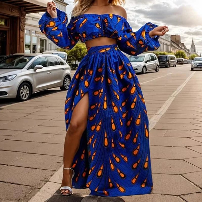 Buy 2PC Fashion African Women Set Slash-neck Long Sleeve Tops +High Slit Maxi Skirt Suit for only $10.83 at Flexi Africa!