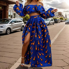 Buy 2PC Fashion African Women Set Slash-neck Long Sleeve Tops +High Slit Maxi Skirt Suit for only $10.83 at Flexi Africa!