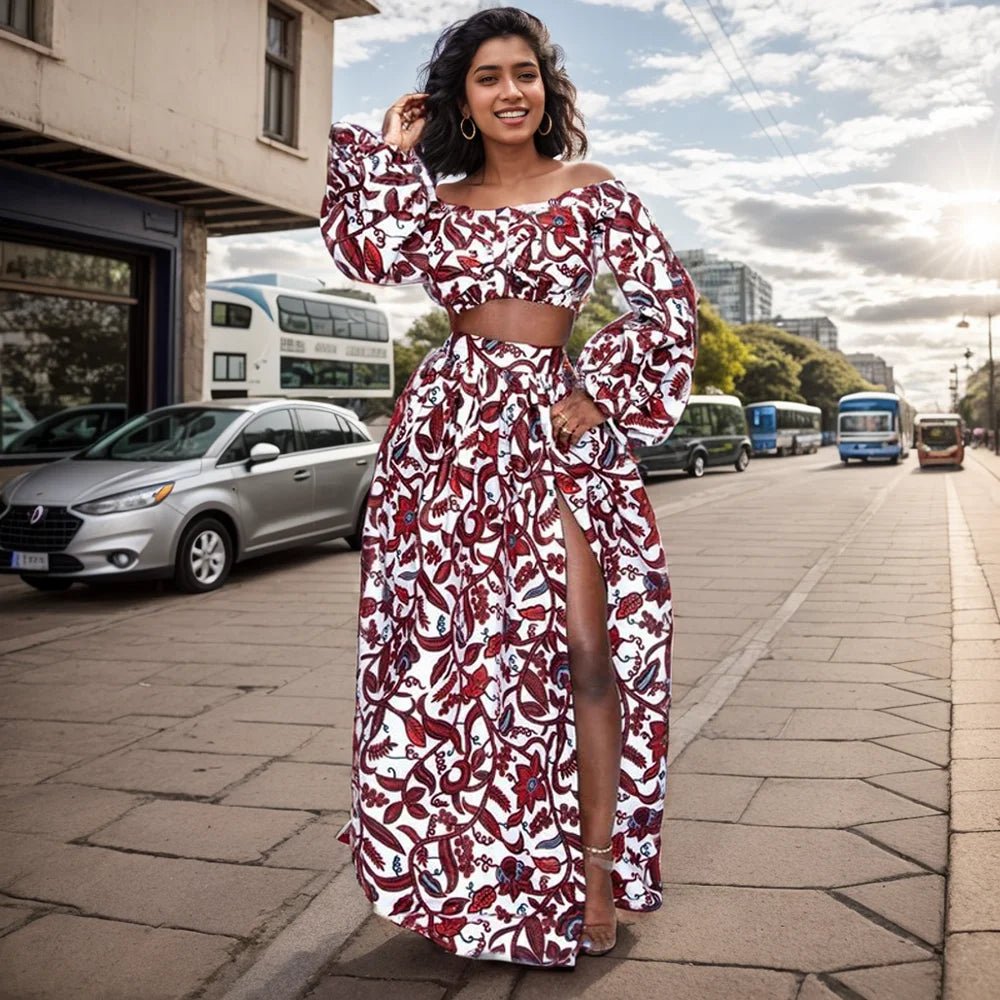 Buy 2PC Fashion African Women Set Slash-neck Long Sleeve Tops +High Slit Maxi Skirt Suit for only $10.83 at Flexi Africa!