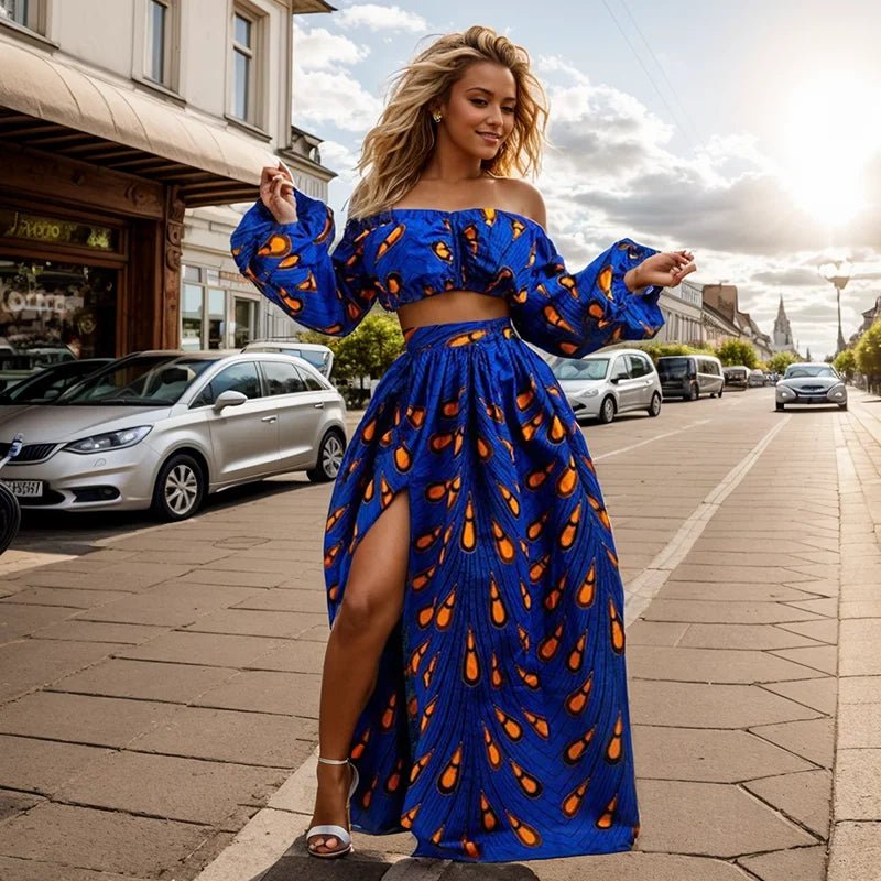 Buy 2PC Fashion African Women Set Slash-neck Long Sleeve Tops +High Slit Maxi Skirt Suit for only $10.83 at Flexi Africa!