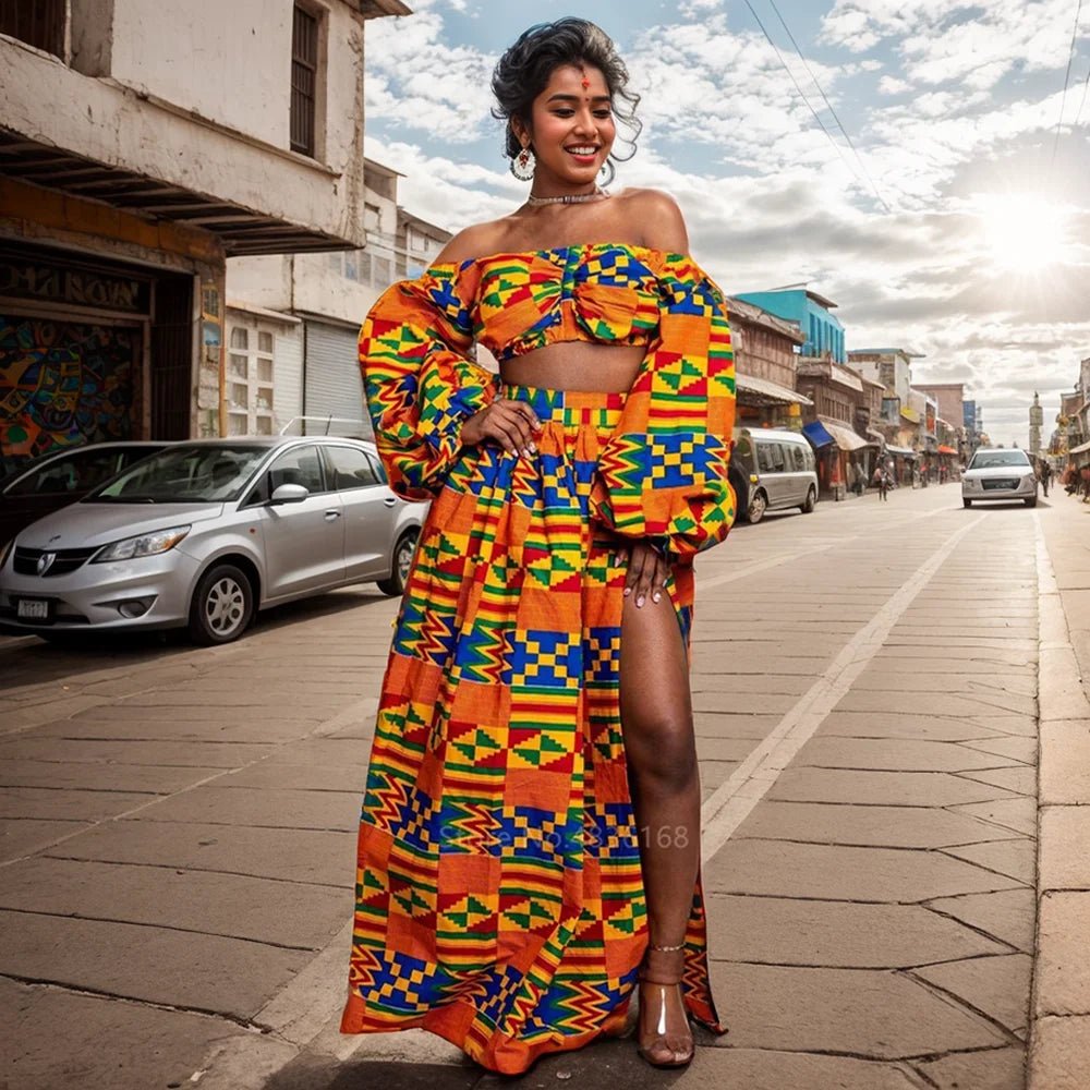 Buy 2PC Fashion African Women Set Slash-neck Long Sleeve Tops +High Slit Maxi Skirt Suit for only $10.83 at Flexi Africa!