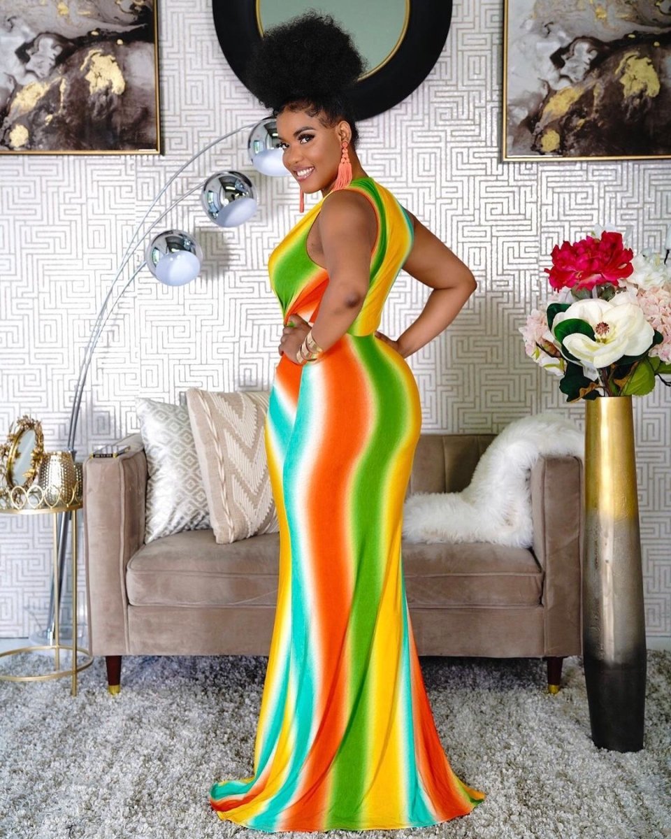 Fashion Print African High Waist V - neck Maxi Dress for Women Elegant Lady Evening Party Dresses Summer Female Sexy Bodycon Gown - Free Delivery Worldwide only at Flexi Africa