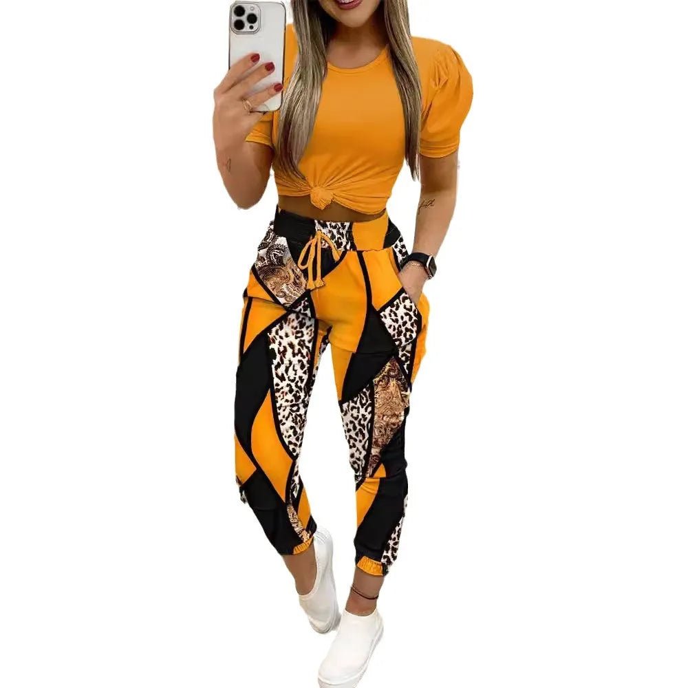2PC Chic Office Attire: Casual Loose Round Neck Set with Letter Print - Fashionable Shirt and Trousers - Flexi Africa