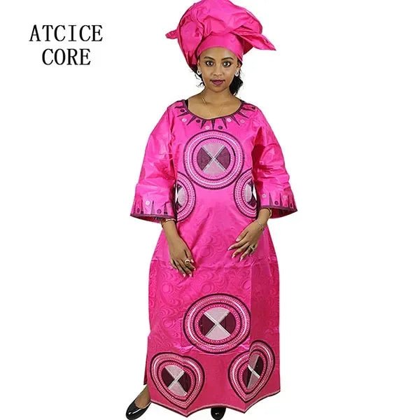 Fashionable African Dresses for Women: Bazin Riche Embroidery Long Dress with Matching Scarf - Free Delivery Worldwide only at Flexi Africa