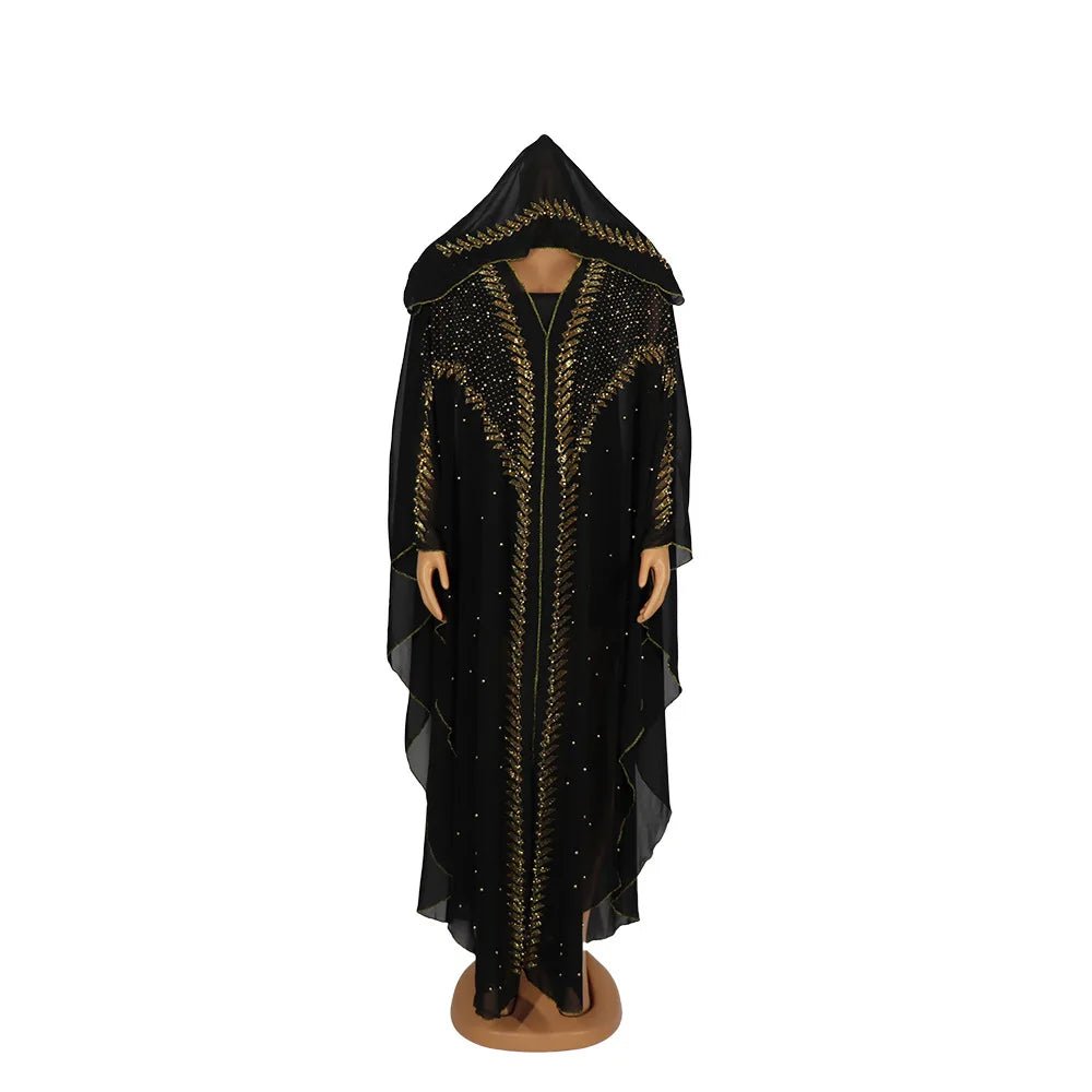 Femme Diamonds Chiffon African Dresses for Women 2024 Hooded Traditional Clothing Dubai Abaya Kaftan Africa Dashiki Robe Gown - Free Delivery Worldwide only at Flexi Africa