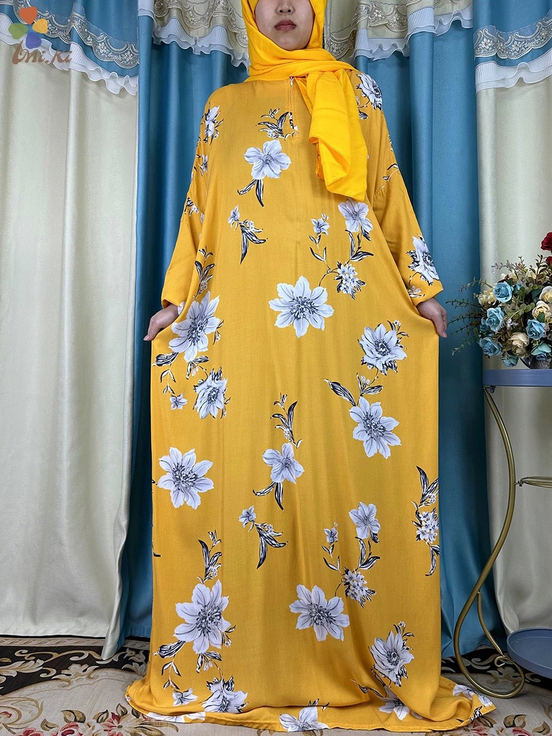 Floral Elegance: New African Abaya Dress with Turban Joint - Loose-Fit Muslim Rayon - Flexi Africa - Flexi Africa offers Free Delivery Worldwide - Vibrant African traditional clothing showcasing bold prints and intricate designs